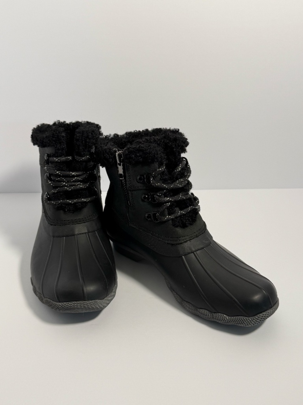 Sperry Saltwater Alpine Black Leather Duck Boots STS86690 Women's Sz 8 Faux Fur